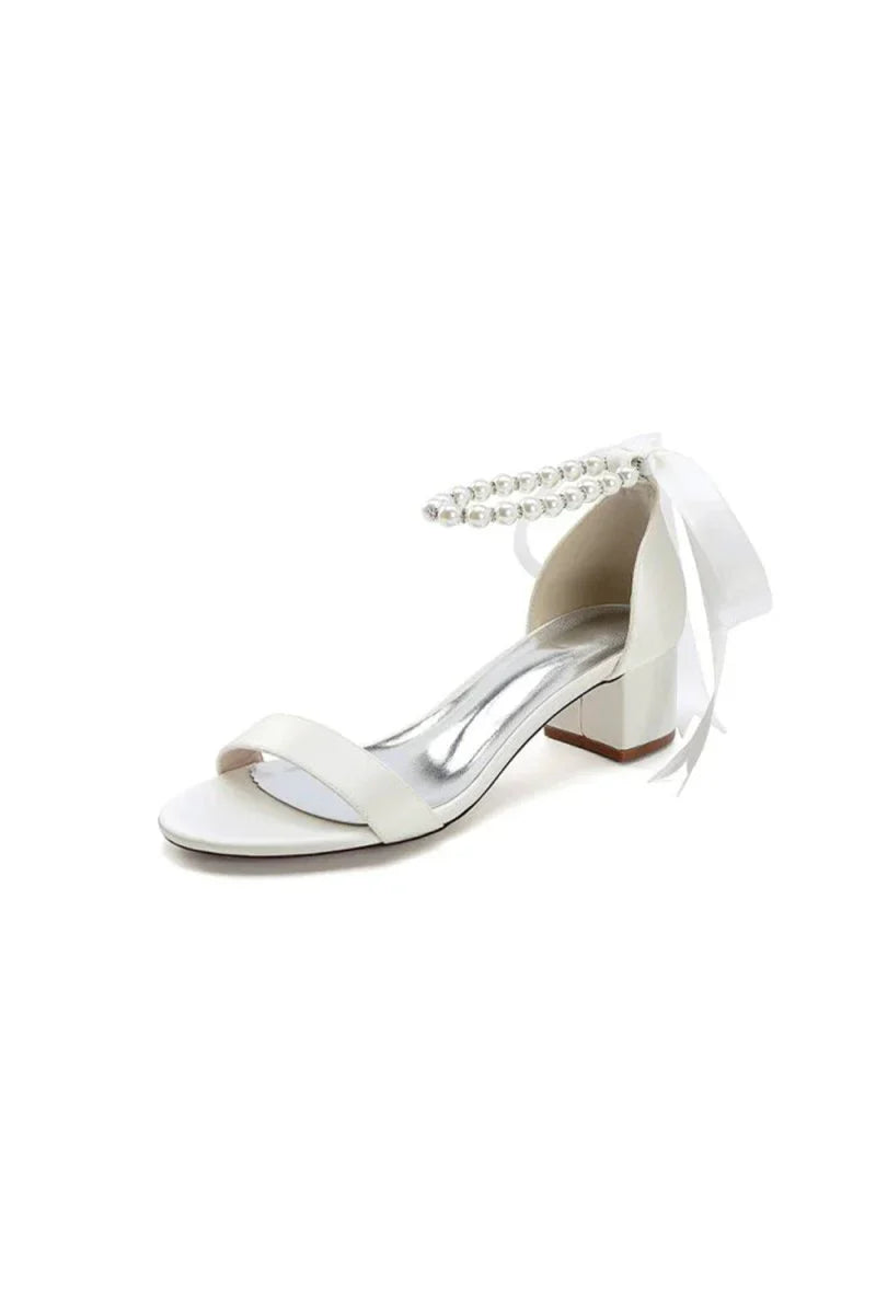 Block Heel Sandal Adorned with Pearl Ankle Band and Ribbon Bow