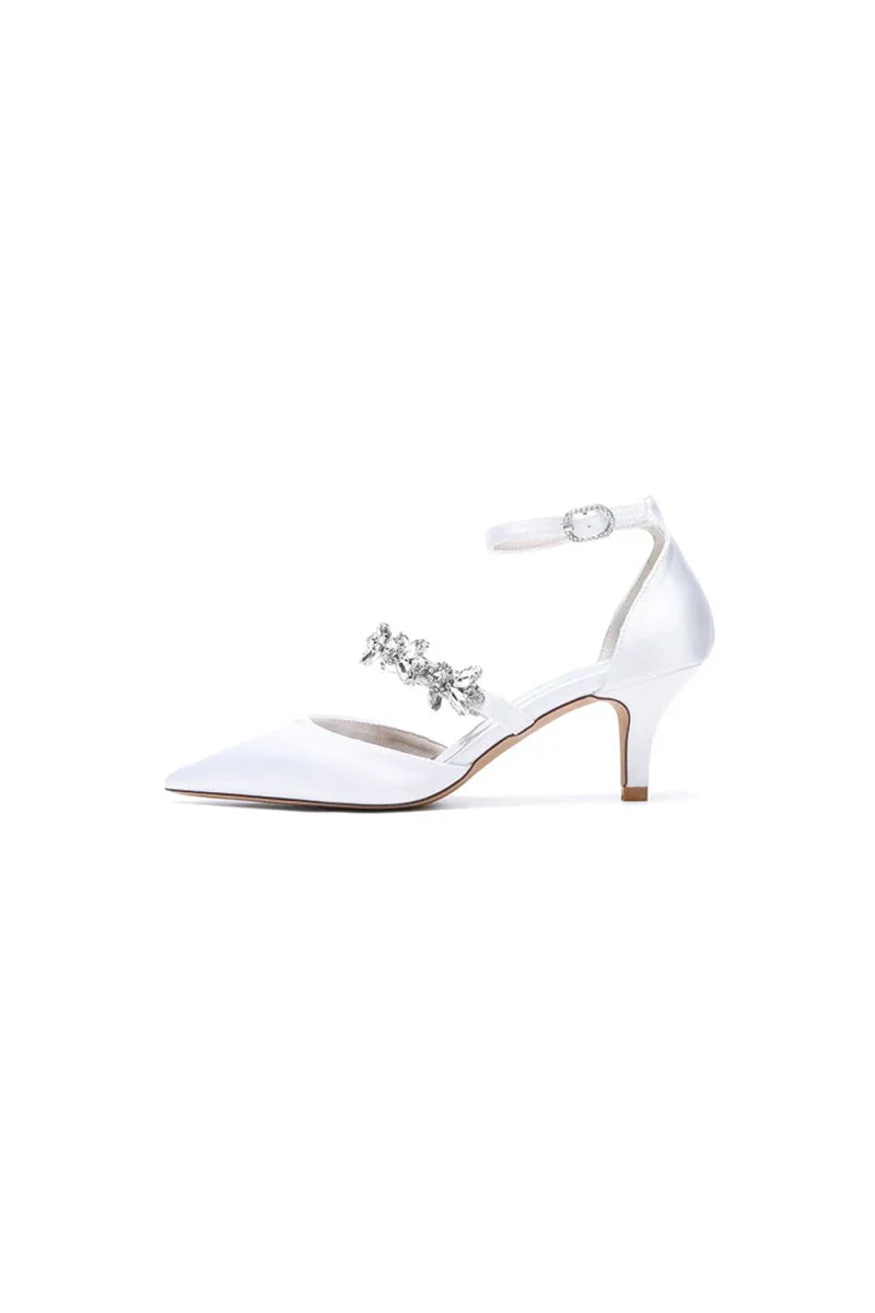 Crystal Strap Pointed Toe Satin Kitten Heels