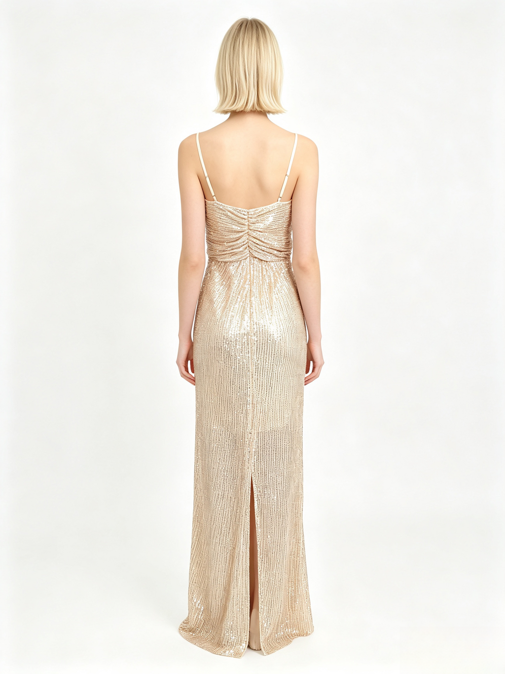 Champagne Sequin Wrap Slit Maxi Cami Dress