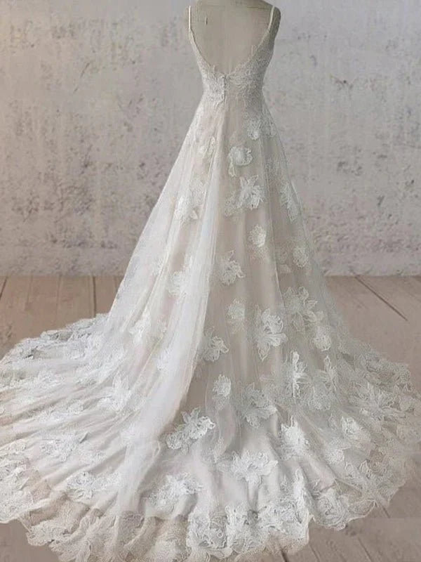 Boho White A Line Lace Appliques Wedding Dress