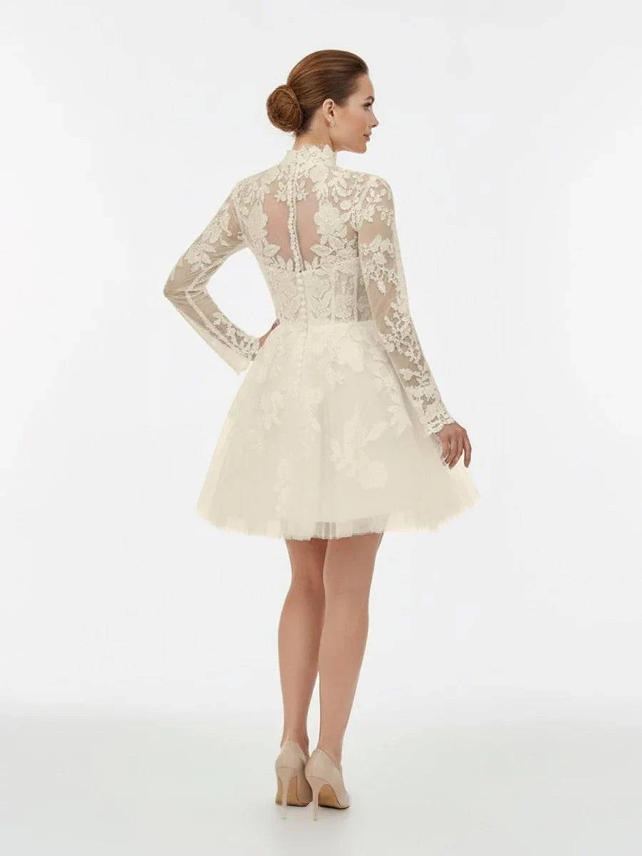 Short White A Line Illusion Neck Long Sleeves Lace Wedding Dresses