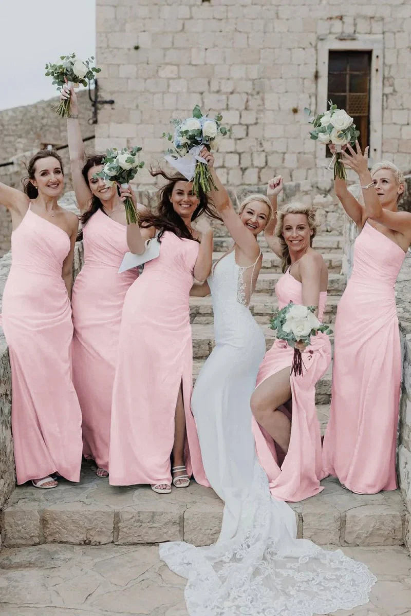 Sheath One Shoulder Light Blue Chiffon Slit Bridesmaid Dress