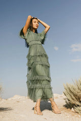 Eugena Ruffled Maxi Dress in Teal