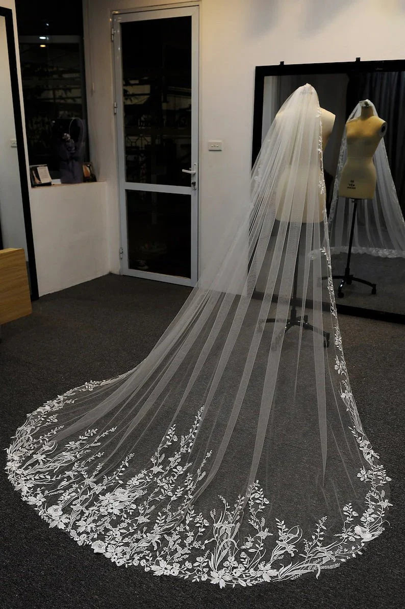 Vintage Flower Lace Veil Cathedral Tulle Bridal veil