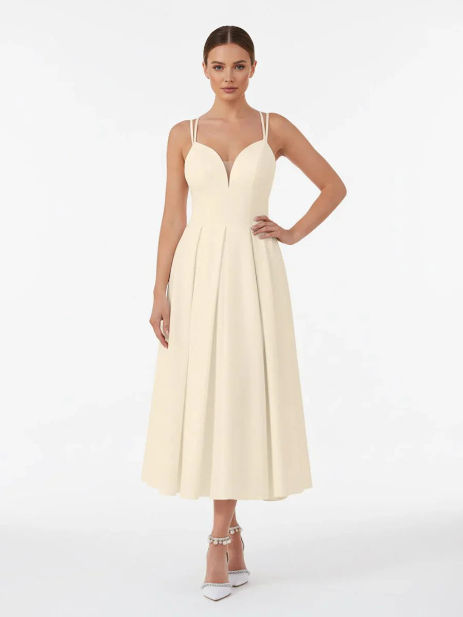 A Line V Neck Sleeveless Satin Knee Length Wedding Dress