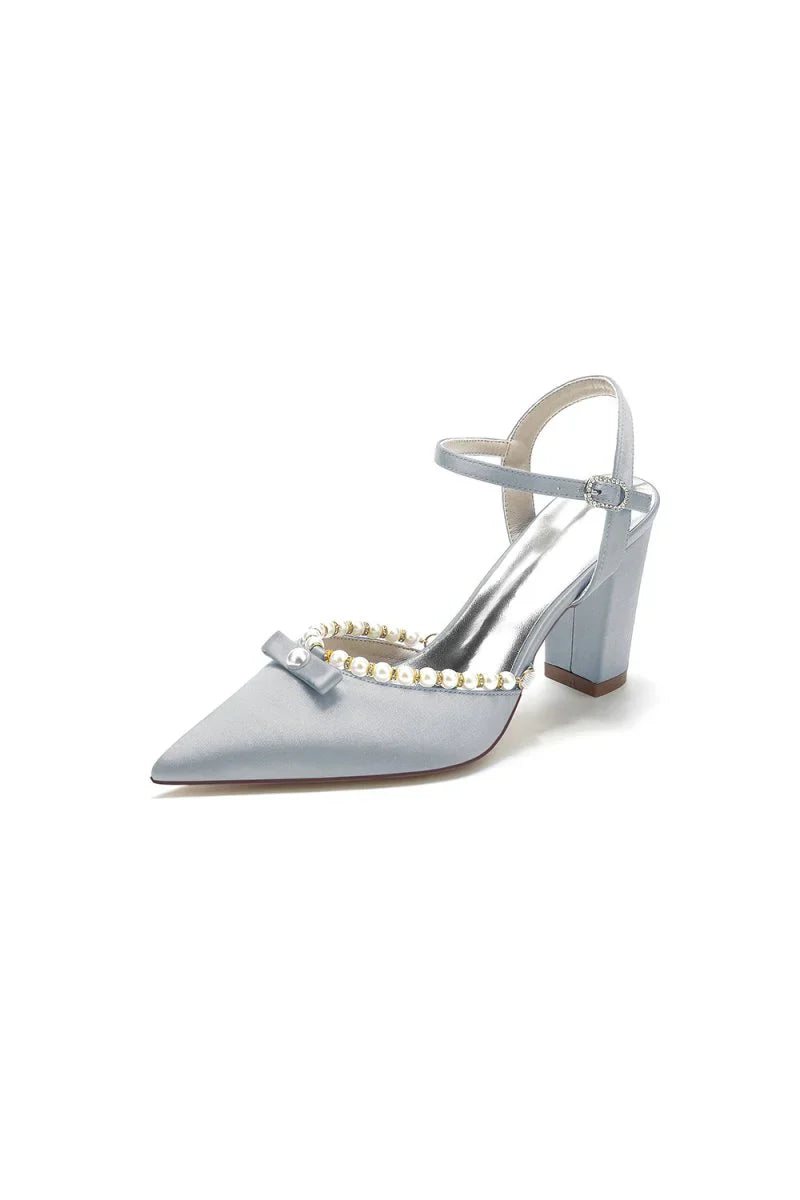 Pearl Pointed Toe Ankle Strap Chunky Heels With Bow