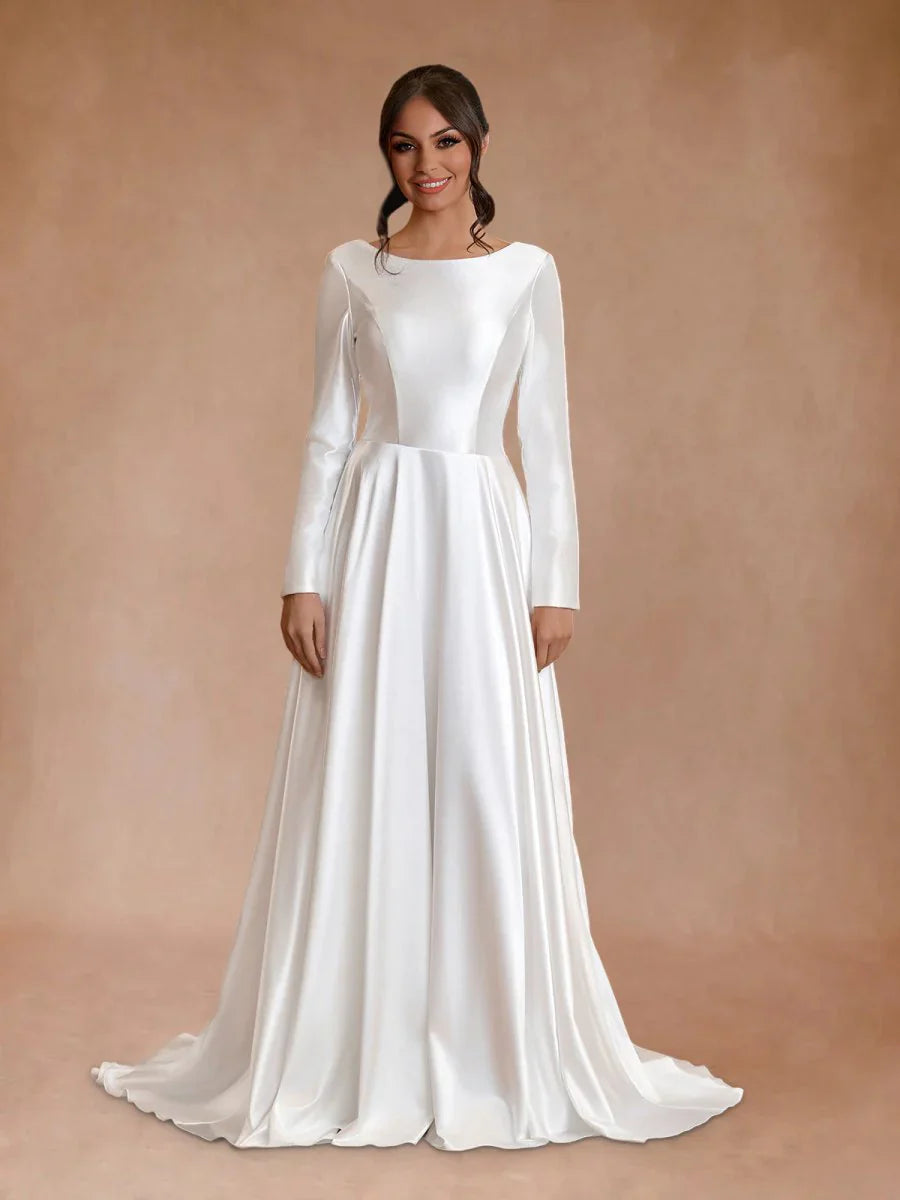 Vintage Satin A Line Bateau Neckline Long Sleeves Bridal Gown Wedding Dresses