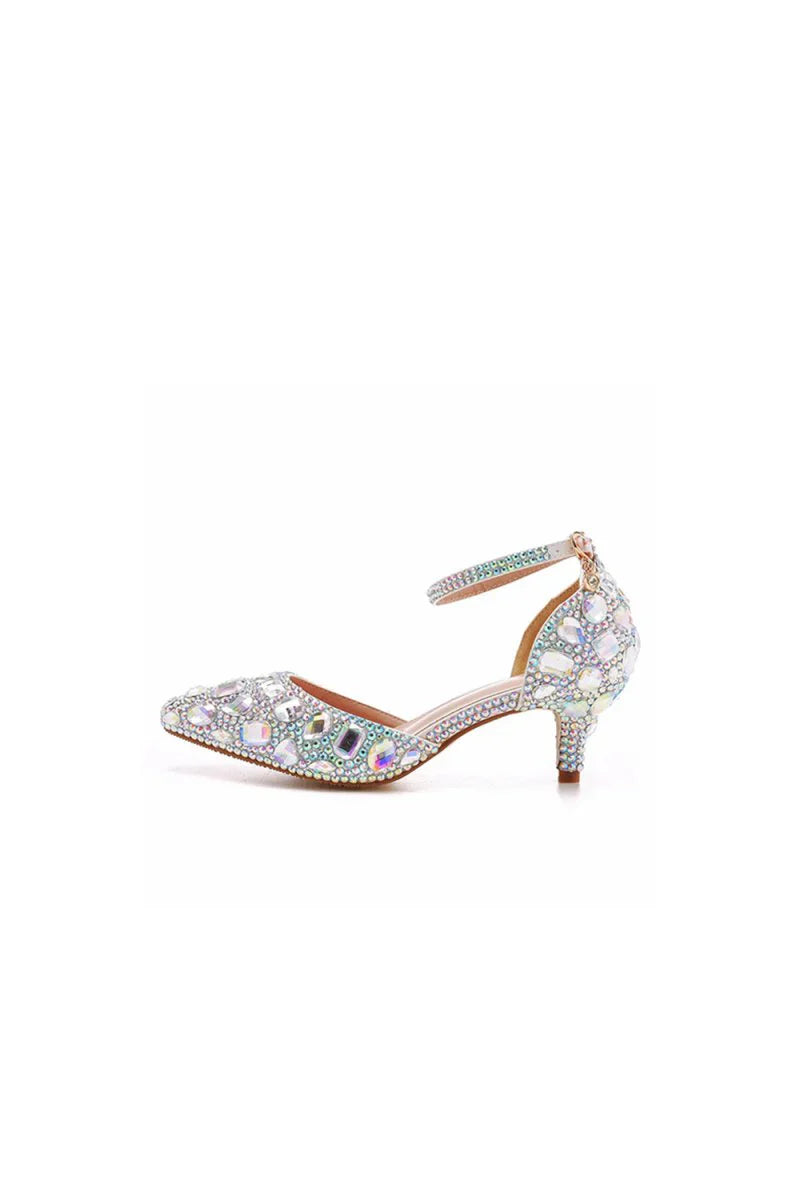 Pointed Toe Crystal Diamond Ankle Strap Kitten Heels