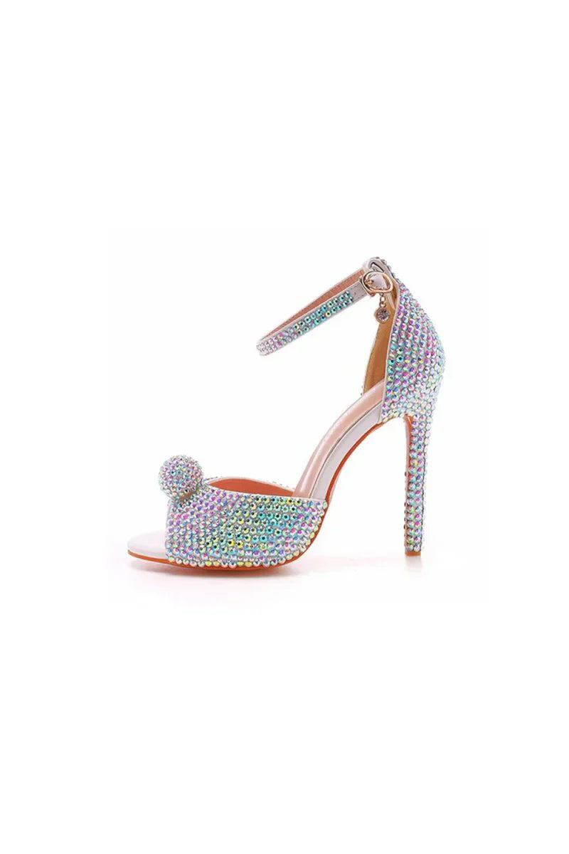 Rhinestone Embellished Open Toe Ankle Strap Stiletto Heels