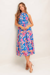 SOLANA MIDI DRESS BLUE PINK FLORAL HALTER DRESS