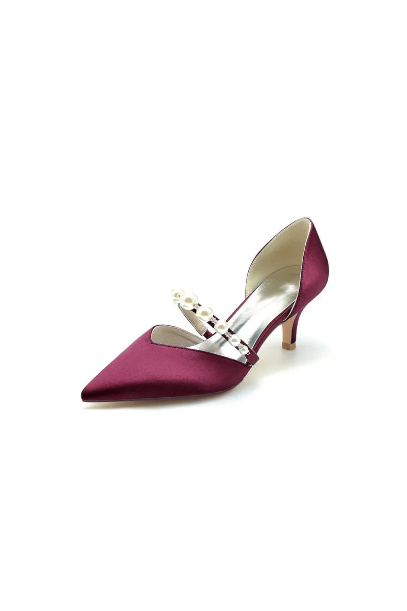 Elegant Satin Pointed Toe Heels with Pearl Strap