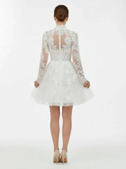 Short White A Line Illusion Neck Long Sleeves Lace Wedding Dresses