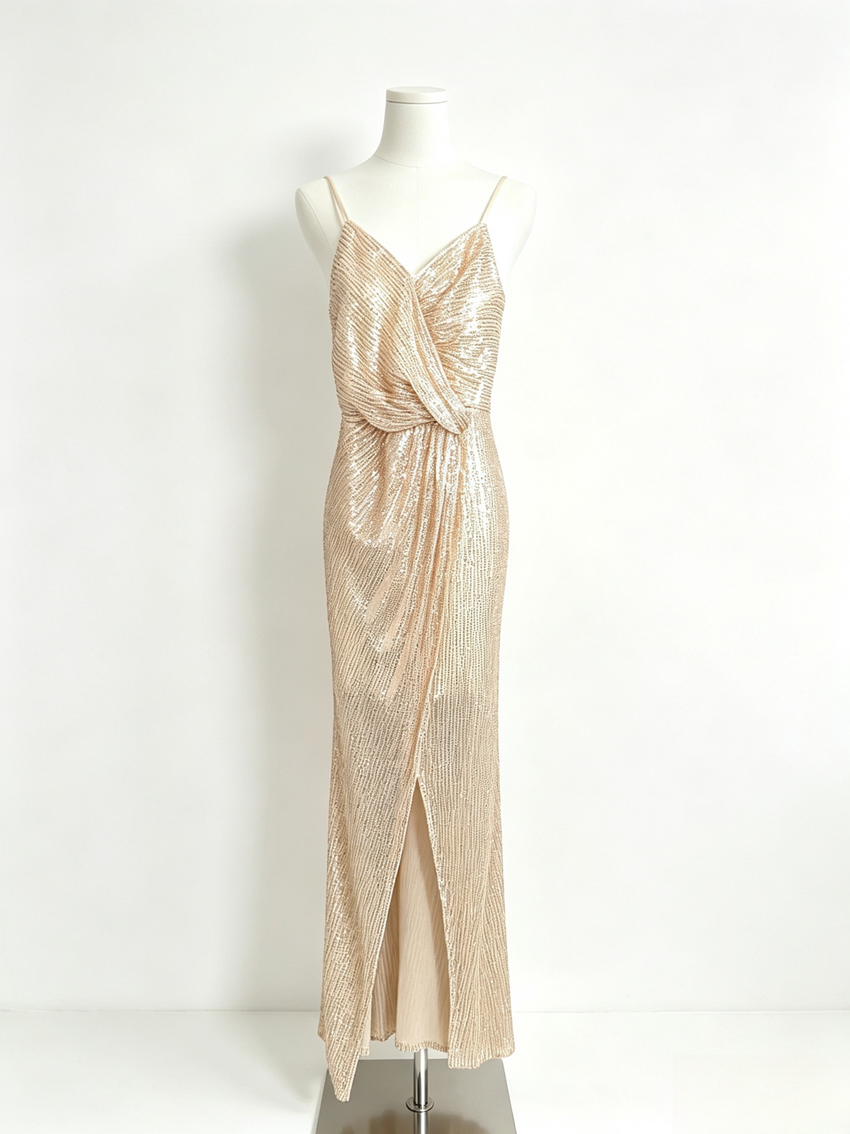 Champagne Sequin Wrap Slit Maxi Cami Dress