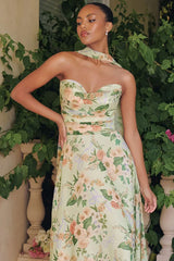 MEADOWS GOWN STRAPLESS A LINE SAGE FLORAL CHIFFON GOWN WITH SCARF