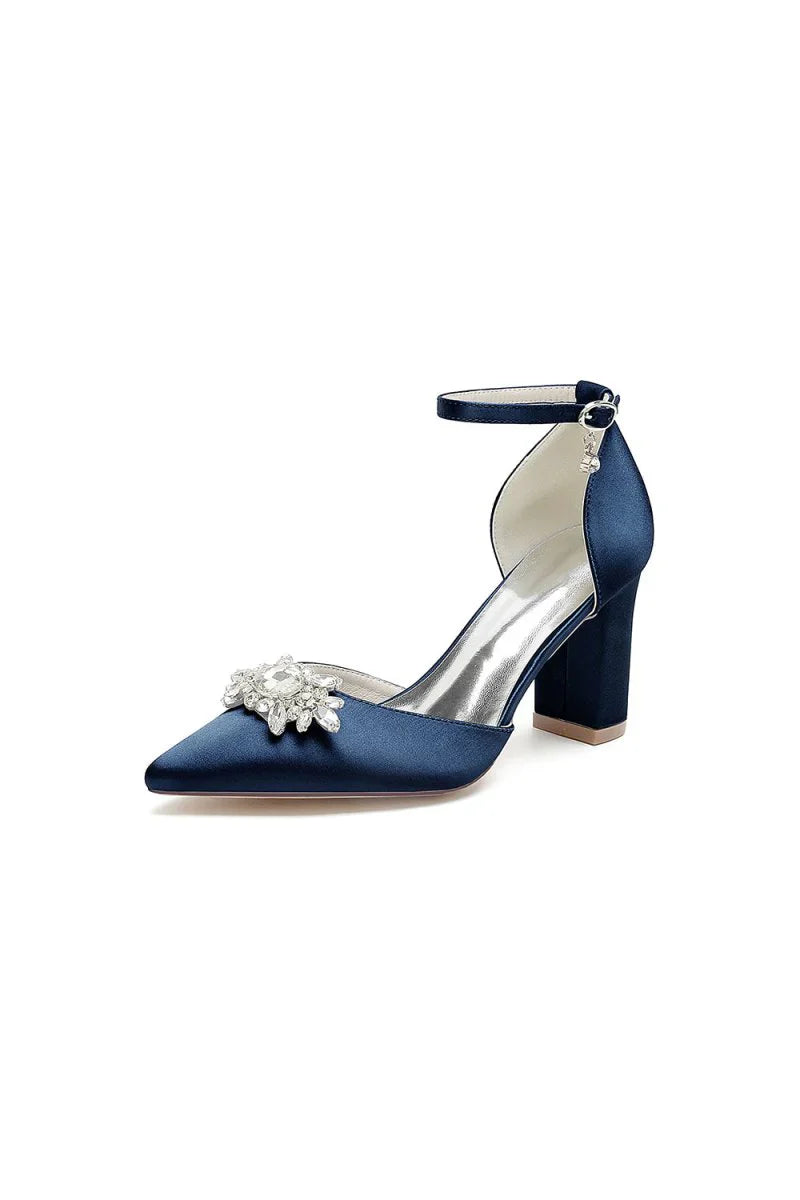 Pointed Toe Ankle Strap Chunky Heel With Rhinestone