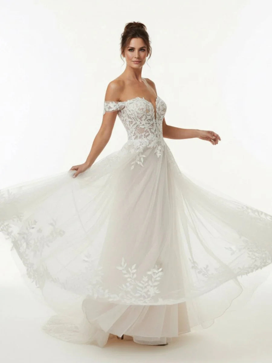 A line Lace Beach Wedding Dress with Off Shoulder Tulle Appliques