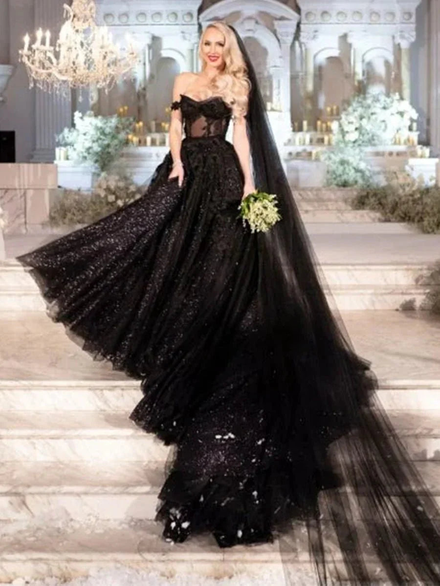 A Line Black Gothic Wedding Dresses with Sequin Lace Appliques