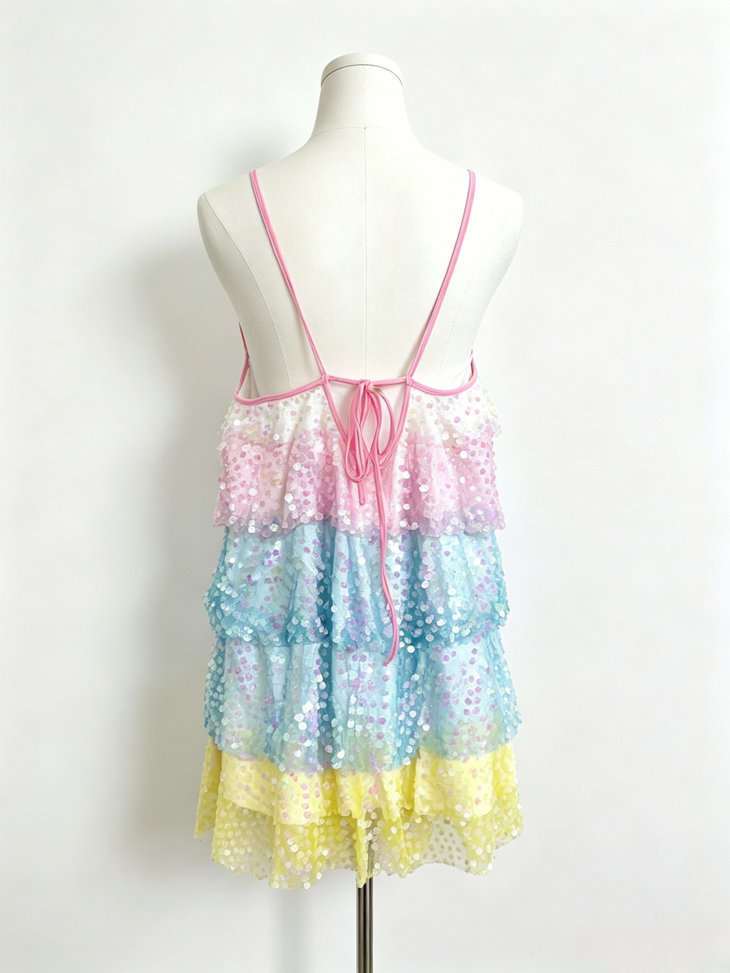 Rainbow Sequin Tiered Tie Back Mini Dress