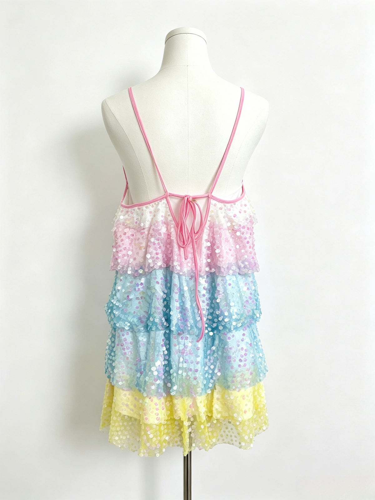 Rainbow Sequin Tiered Tie Back Mini Dress
