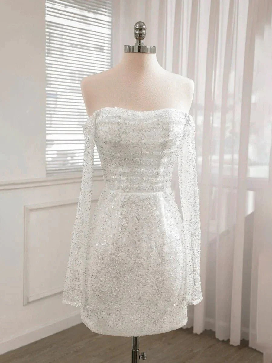 Chic Short Sequined Backless Wedding Dress With Long Detachable Sleeves