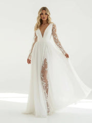 Long Sleeve Boho Flowy Wedding Dress Lace A Line V Neck Beach Gown with Split Front and Sweep Train