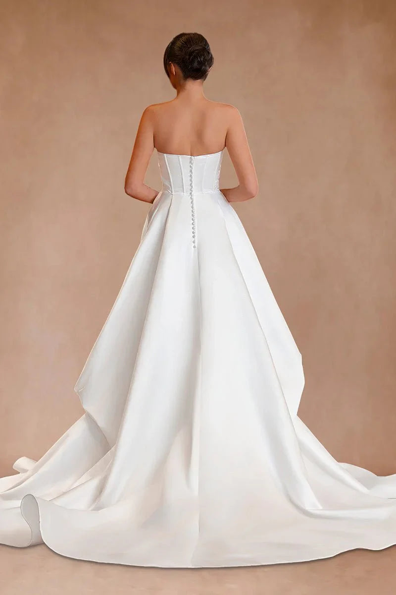 White Strapless Satin A Line Wedding Dresses