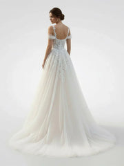 A Line Off The Shoulder Tulle Wedding Dresses With Appliques Lace