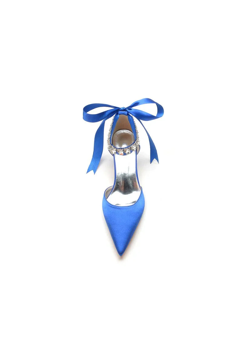 Pointed Toe Ribbons Kitten Heels With Diamond
