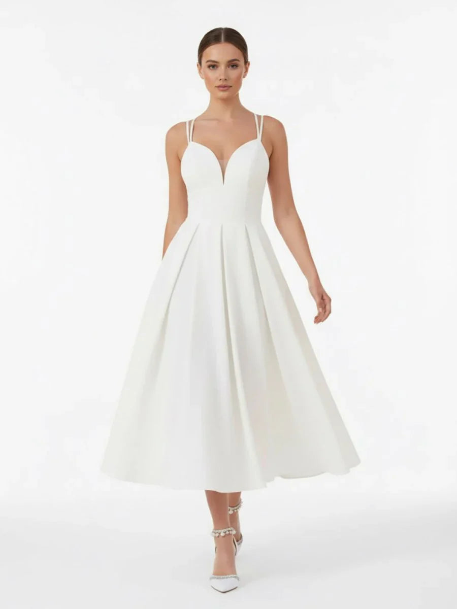 A Line V Neck Sleeveless Satin Knee Length Wedding Dress