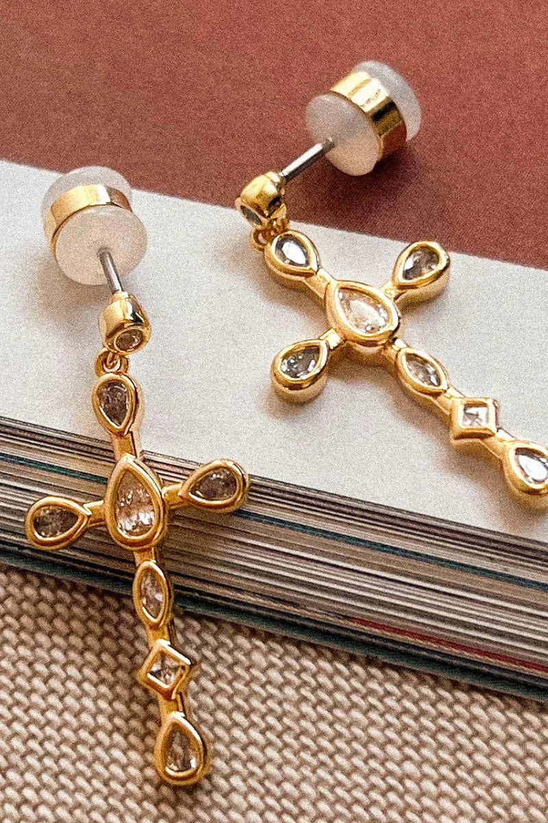 LUV AJ Bezel Stone Cross Studs
