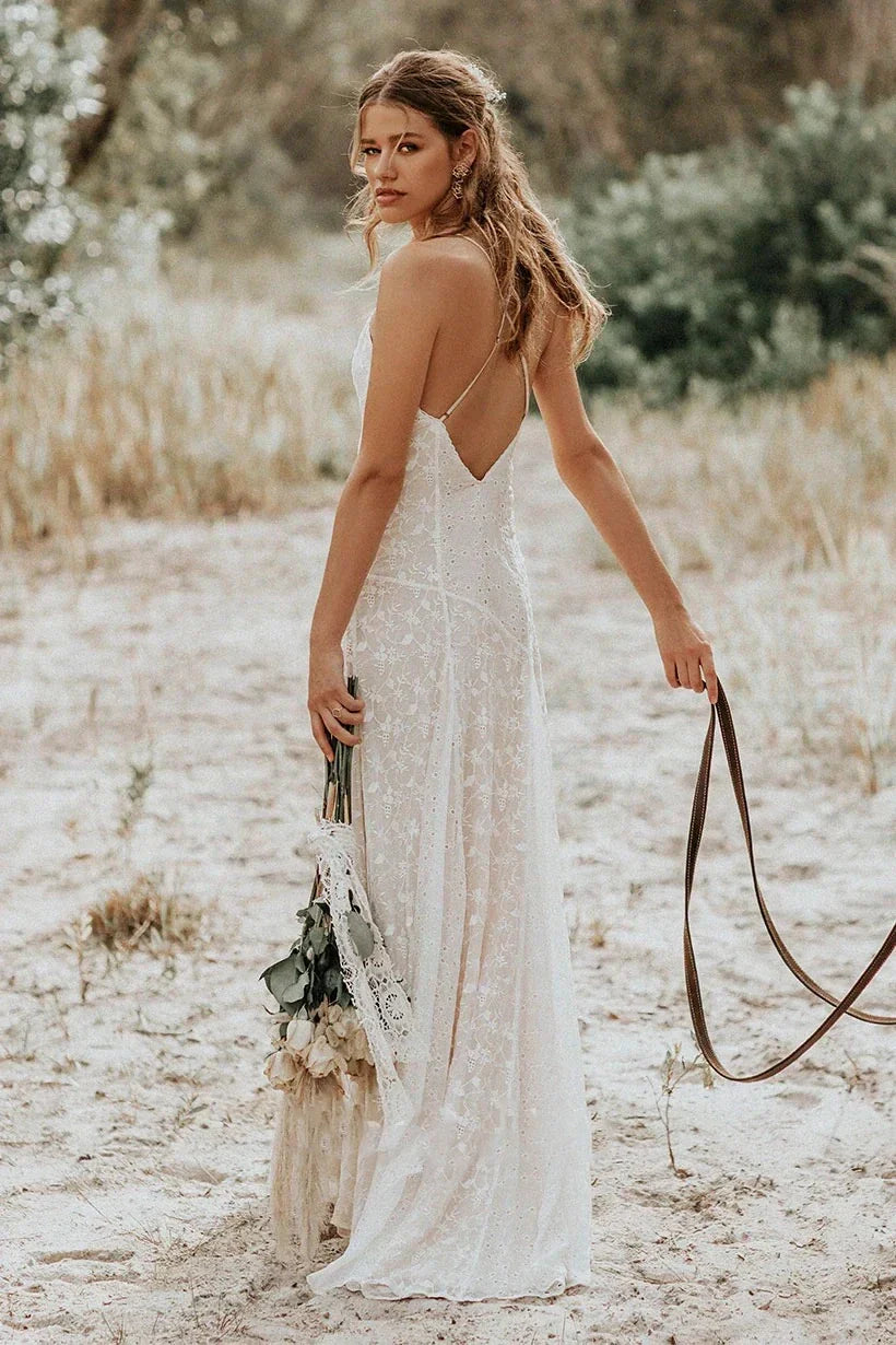 Lace Spaghetti V neck Sheath Wedding Gown With Straps And Open Back
