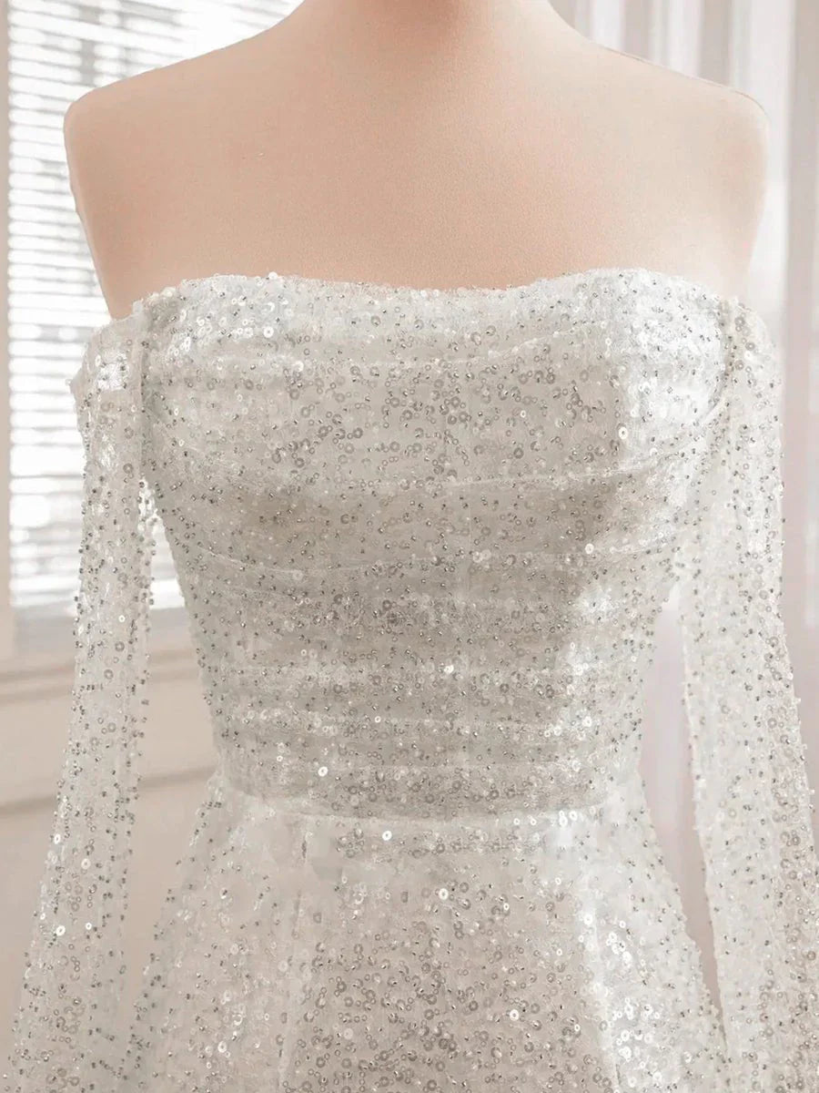 Chic Short Sequined Backless Wedding Dress With Long Detachable Sleeves