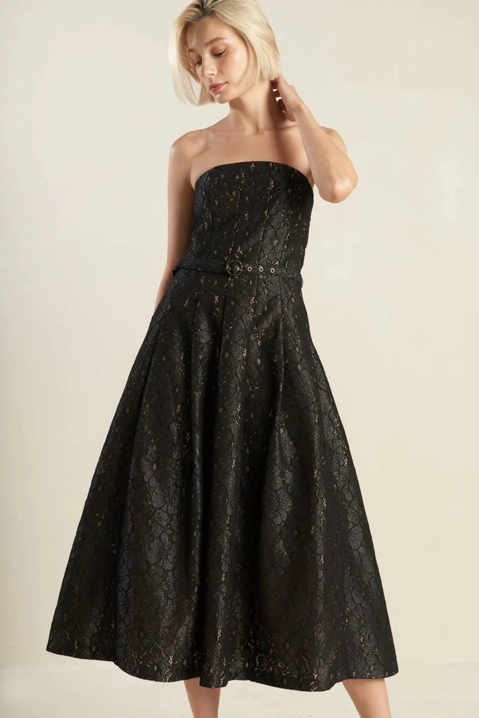 THE TRUTH IS STRAPLESS BLACK LACE MIDI DRESS FINAL SALE