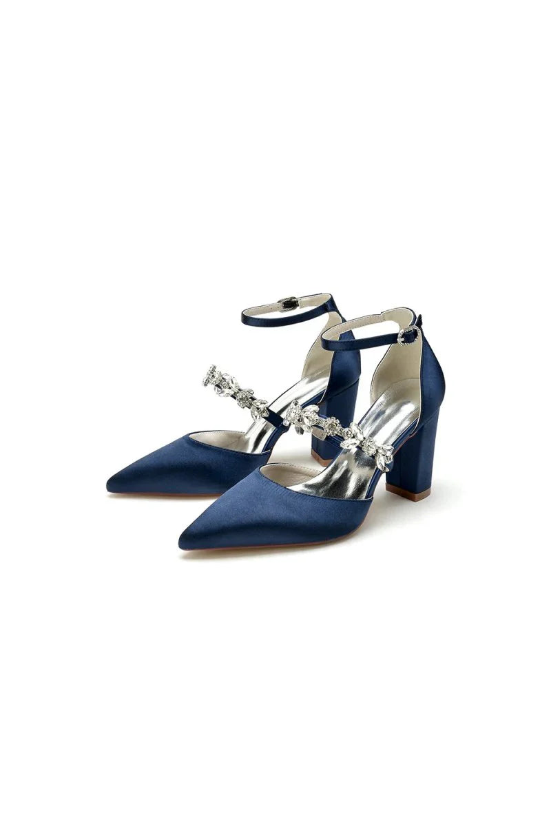 Satin Pointed Toe Rhinestone Strappy Chunky Heels