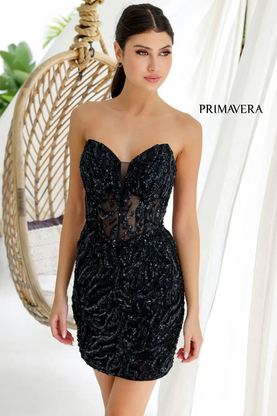 4222 Primavera Strapless Sequin Cocktail Dress with Illusion Bodice