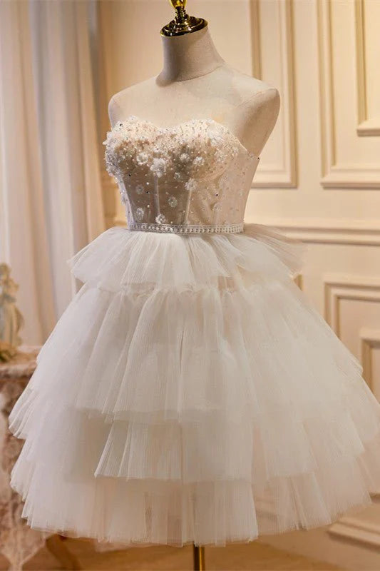 White Tulle 3D Floral Lace A Line Tiered Homecoming Dress