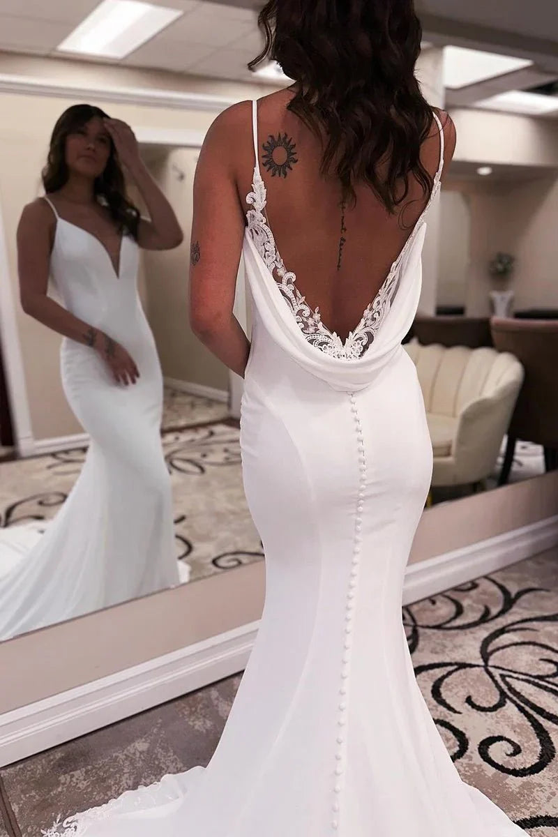 Unique Mermaid V Neck Satin Wedding Dress with Appliques