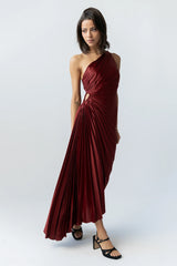 Asymmetrical Pleated Maxi Dress in Wine