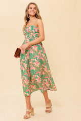STORYTELLING PINK GREEN MIDI DRESS WITH POCKETS