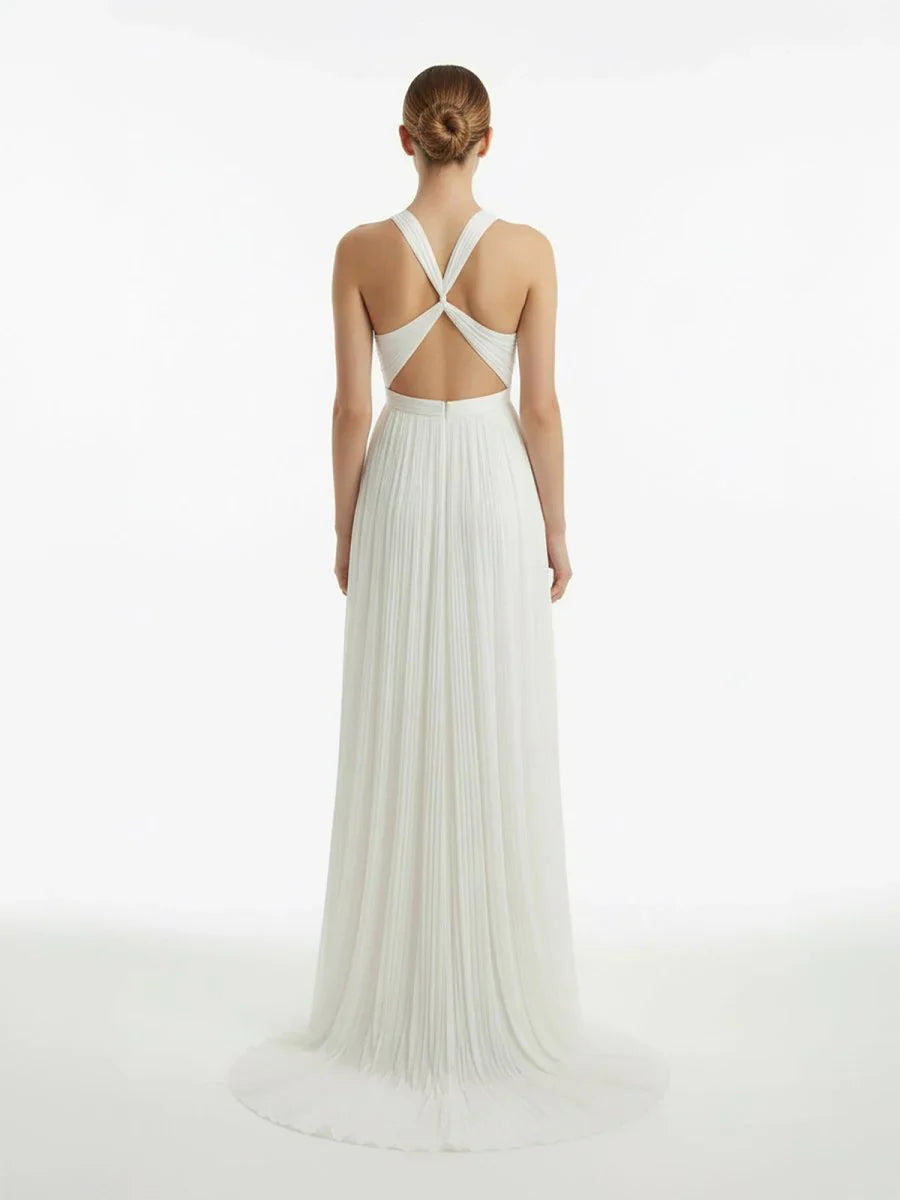 Sheath Halter Chiffon Plaited Dress With Special Back Design