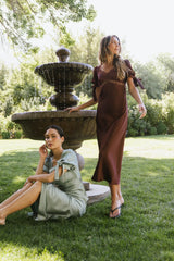 Amanda Lace Trim Maxi Dress in Red Brown