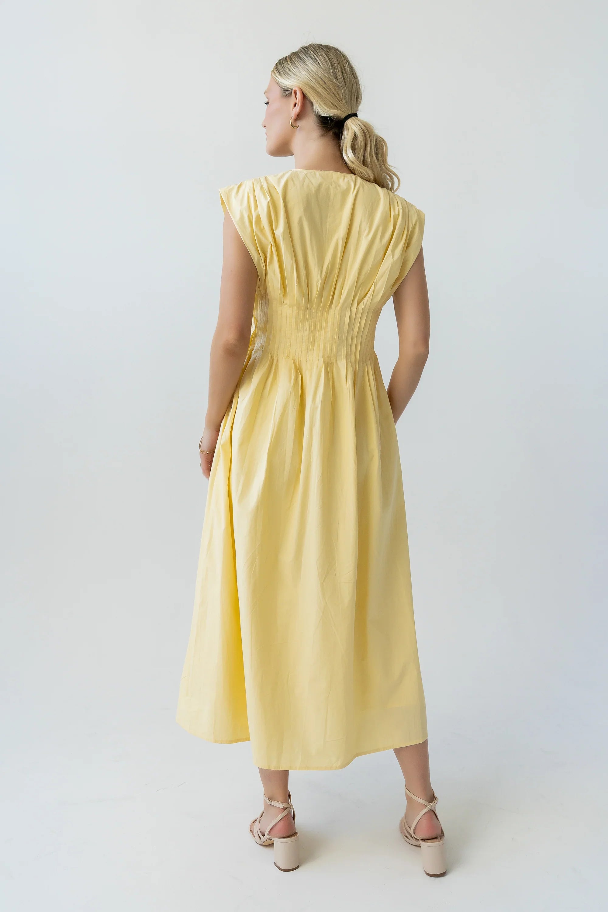 Barb Pleated Midi Dress in Yellow