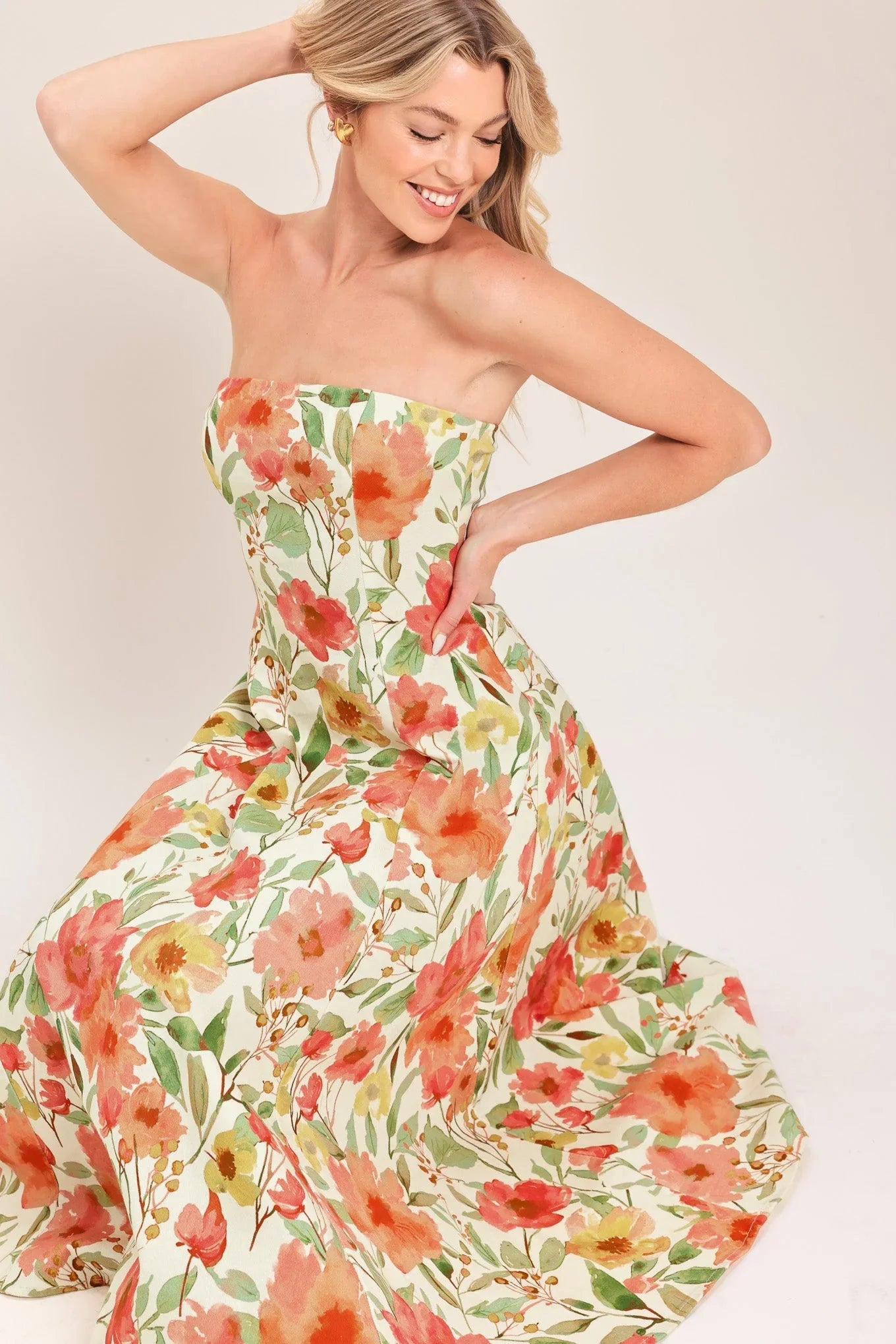 FLORAL DAYDREAM STRAPLESS MIDI DRESS