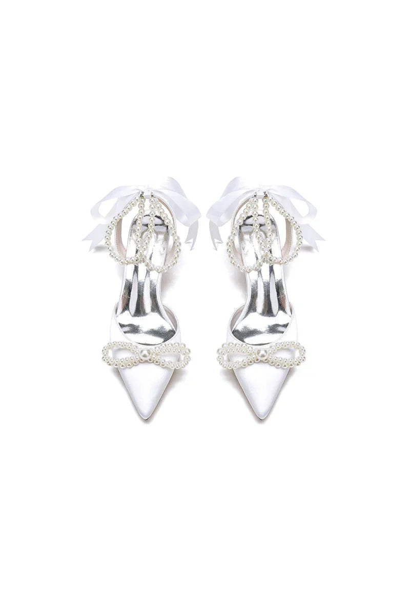 Pointed Toe Pearl Strap with Ribbon Tie