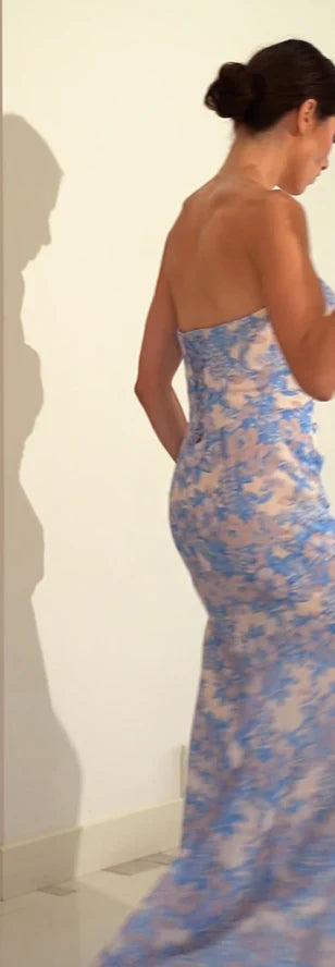 MARTA GOWN BLUE STRAPLESS FLORAL PRINTED SOFT CHIFFON DRESS