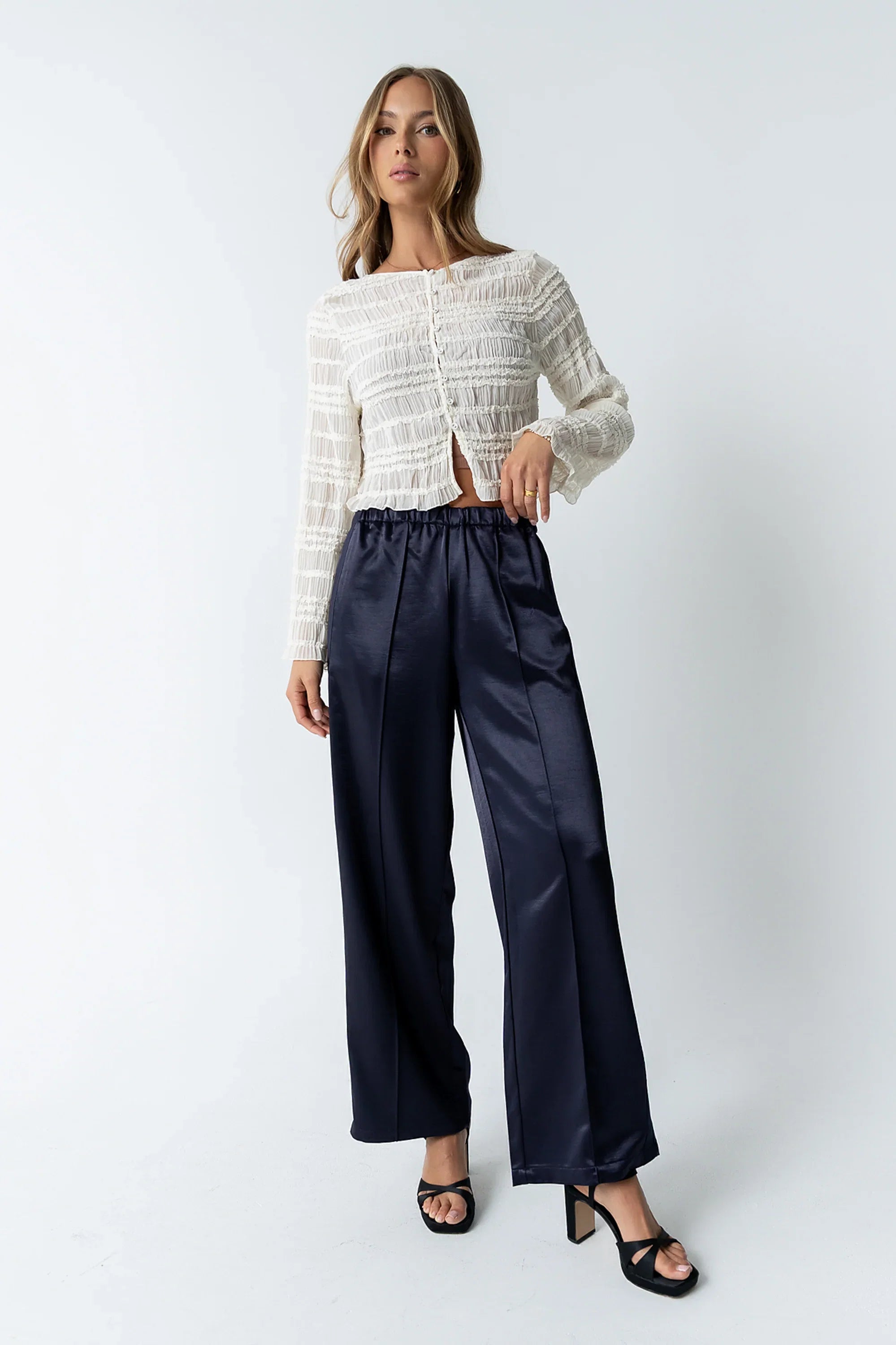 Gemma Satin Wide Leg Pants in Navy