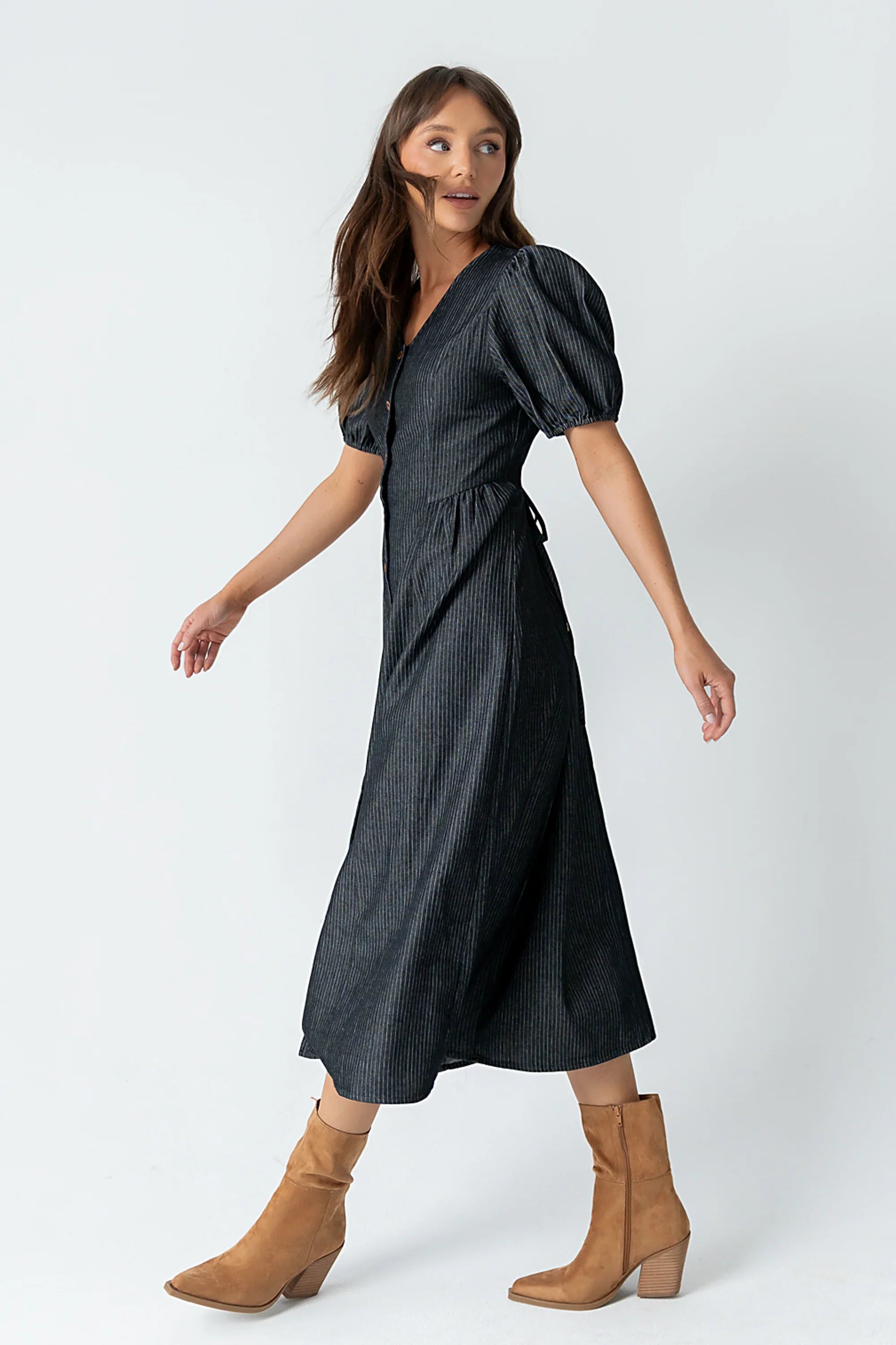 Conley Pinstripe Midi Dress in Black