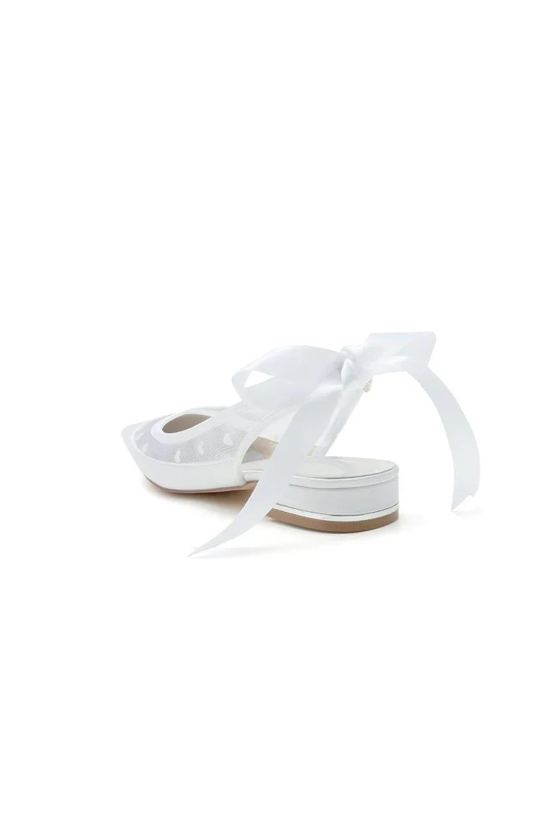 Satin Pointed Toe Mesh Low Heels With Bow