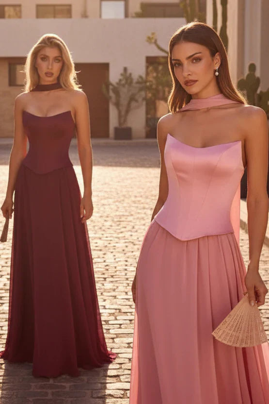 ISABELLA GOWN STRAPLESS CHIFFON DRESS WITH SCARF