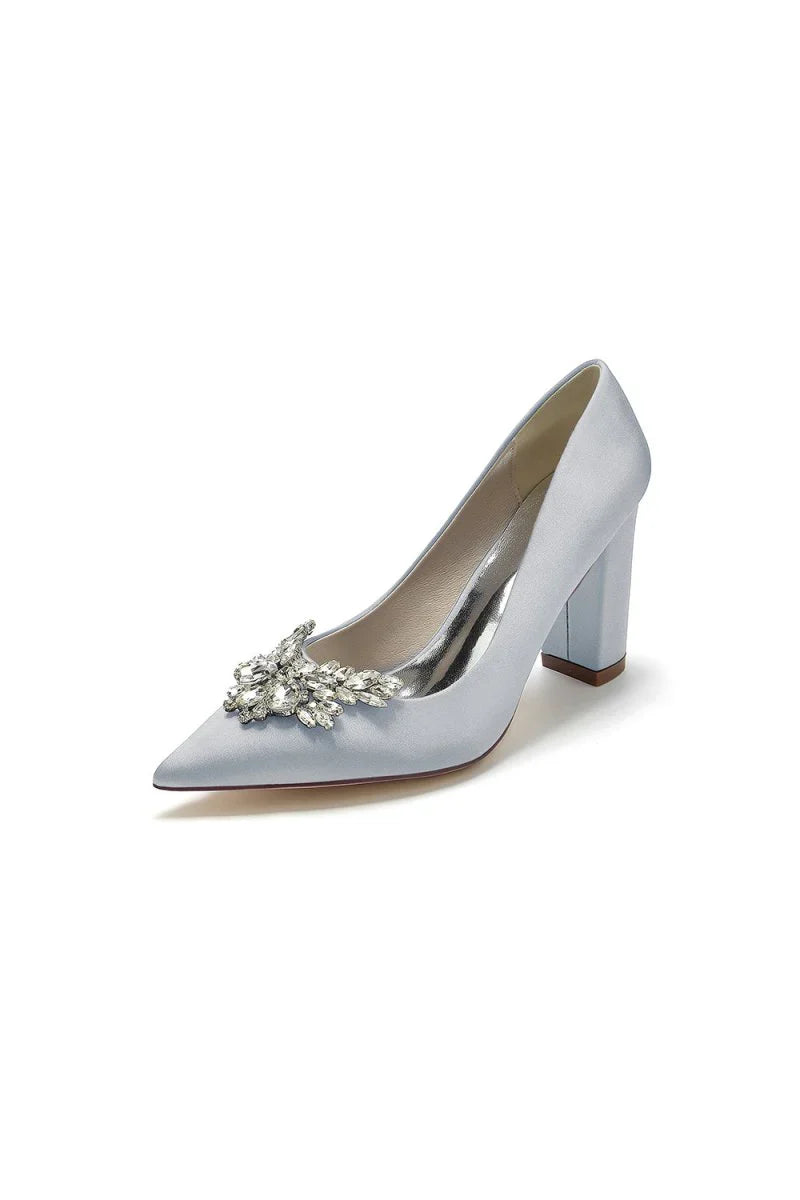 Satin Pointed Toe Slip on Chunky Heels With Rhinestone